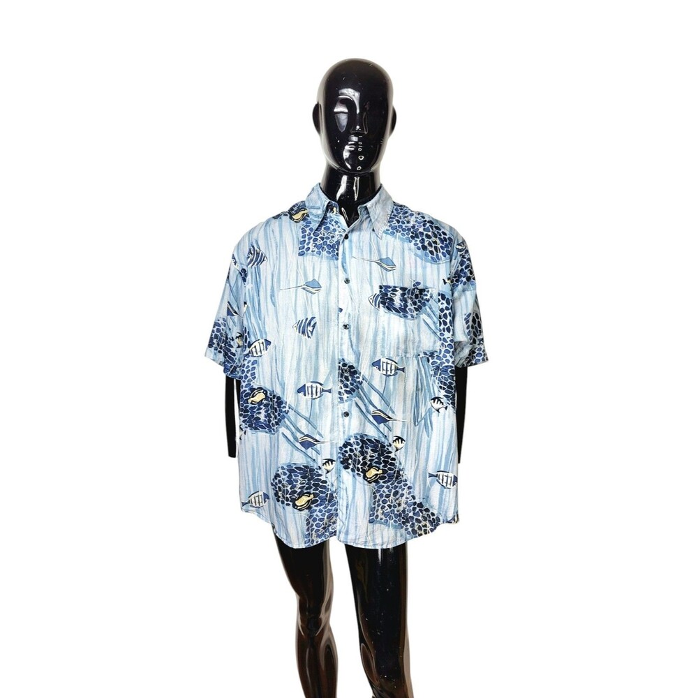 Vintage Roundtree & Yorke 100% Silk Ocean Fish Print Button-Down Shirt Men's XL - Picture 3 of 6
